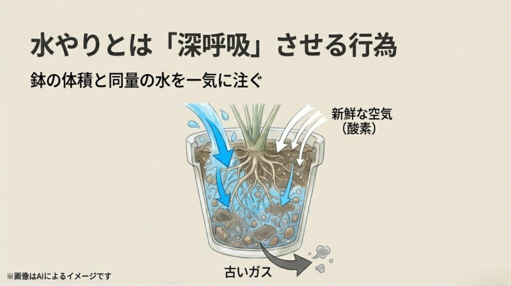 鉢の体積と同量の水を注ぐことで古いガスを押し出し、新鮮な空気を引き込むポンプ作用の解説図