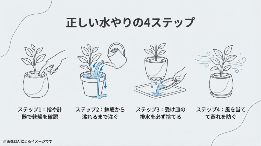 乾燥の確認、鉢底から溢れるまで注水、排水を捨てる、風を当てるという4つの手順のイラスト