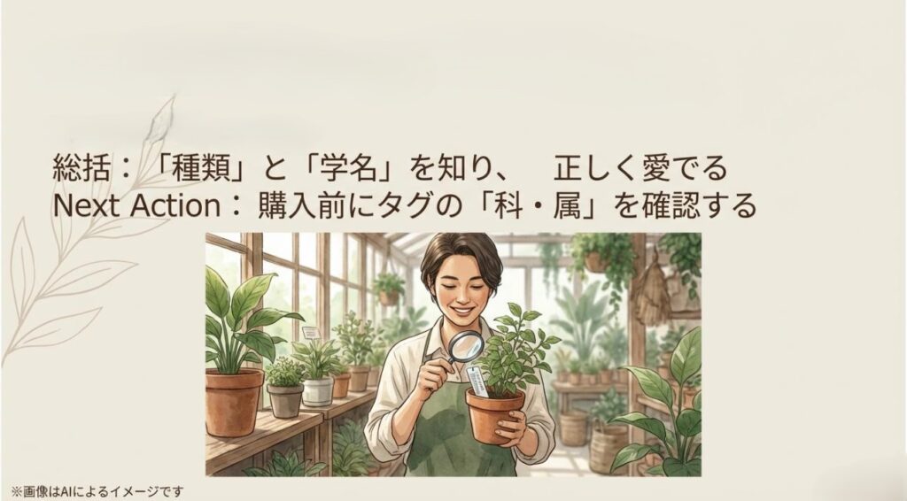 種類と学名を正しく知ることの大切さと、購入前にタグを確認することを推奨するまとめのスライド