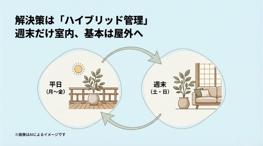 月〜金は屋外、土日は室内で管理するハイブリッド管理のルーティンを示したサイクル図