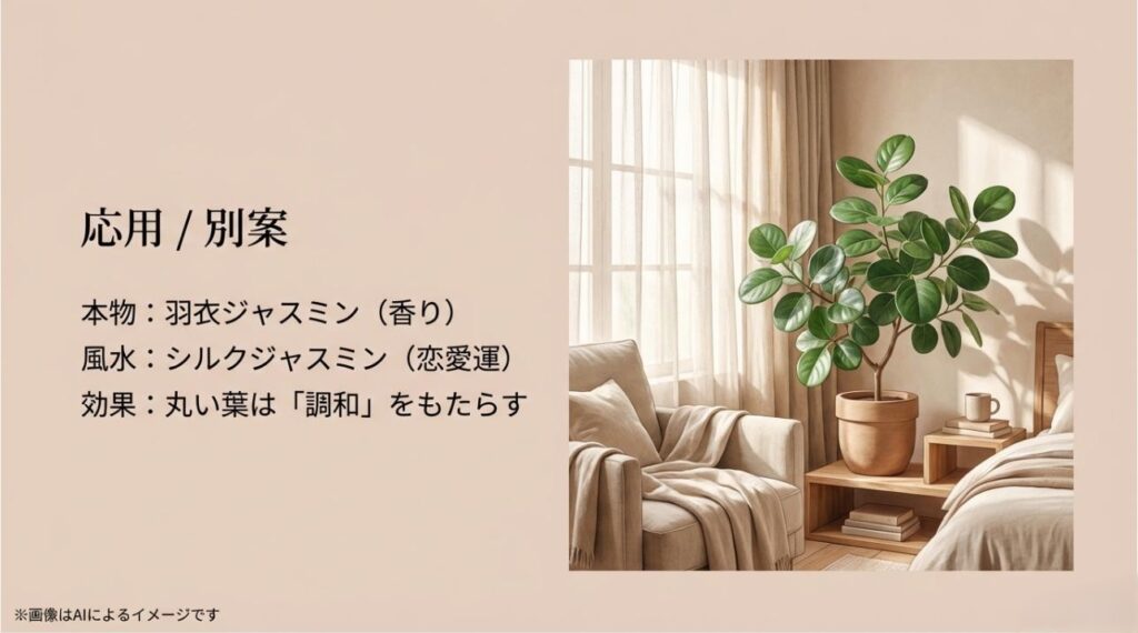 香りの羽衣ジャスミンと、丸い葉で調和をもたらすシルクジャスミンの風水効果を説明するスライド