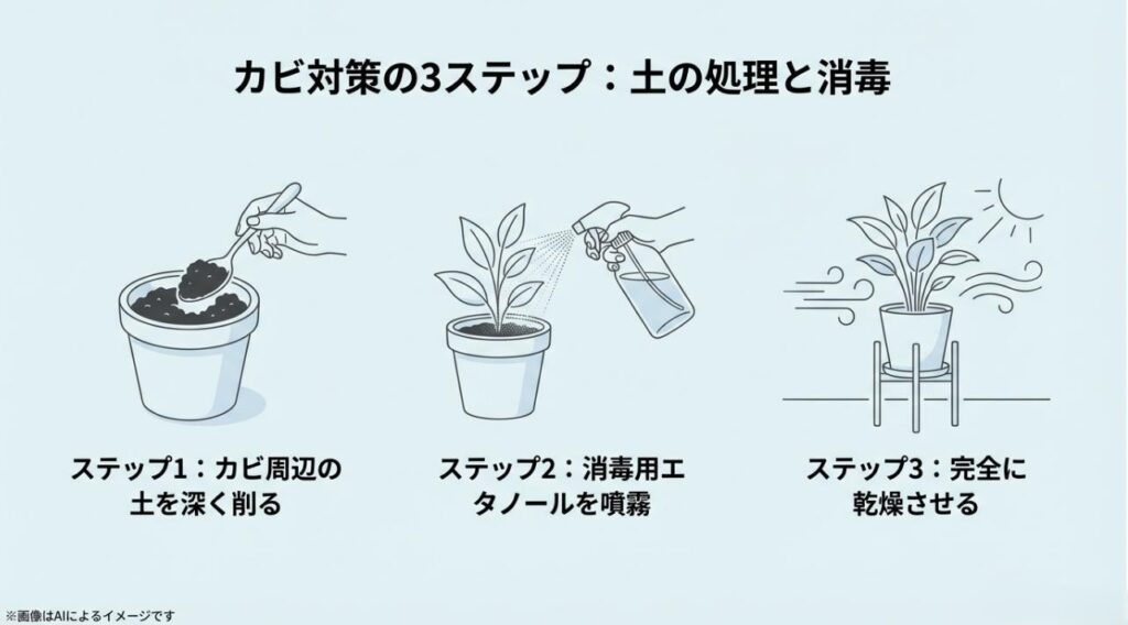 土を深く削る、エタノール噴霧、完全乾燥という除去の手順をステップごとに解説したイラストスライド