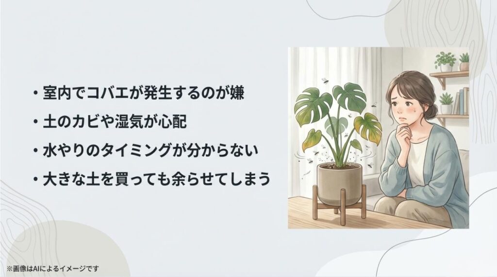 コバエの発生や土のカビ、水やりのタイミングなど、室内で植物を育てる際の不安をまとめたスライド