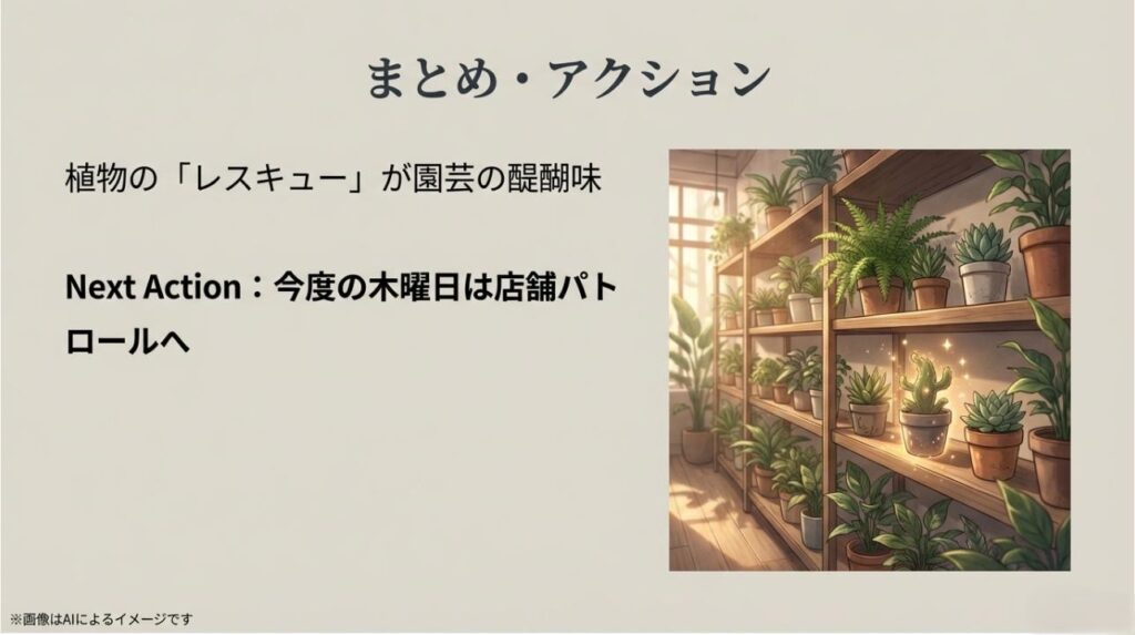 植物を救い育てる喜びを伝え、次回の店舗訪問を促すアクションプランが書かれたまとめスライド