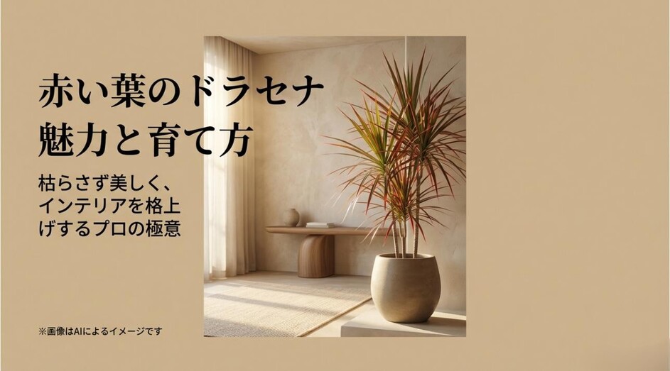 部屋の角に置かれたスタイリッシュな赤いドラセナの鉢植えと記事タイトルのスライド