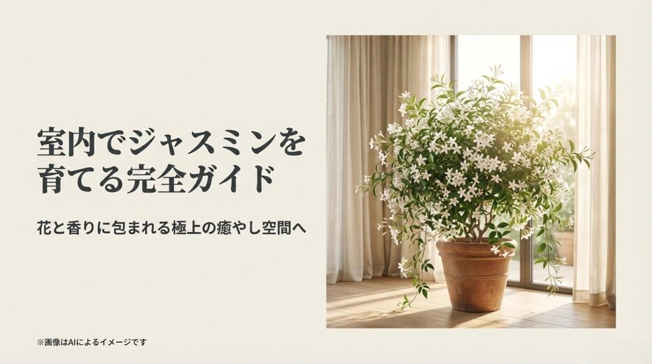 窓際の明るい部屋に置かれた、白い花が満開のジャスミンの鉢植えと記事タイトル