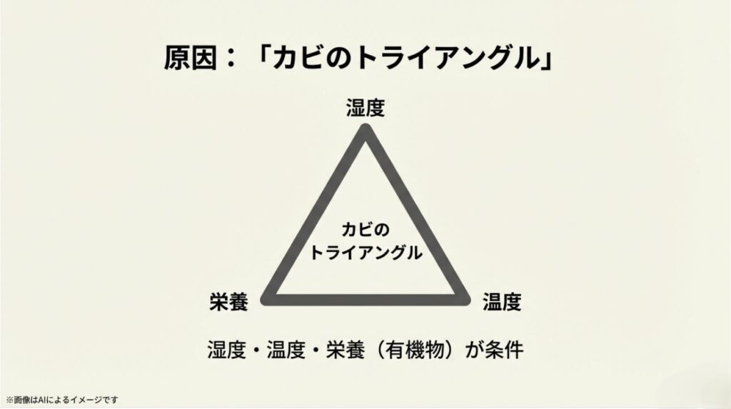 湿度、温度、栄養（有機物）の3つが揃うことでカビが発生することを示す、三角形の図解スライド