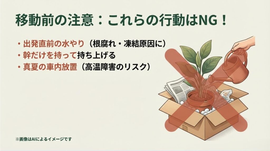 直前の水やりや幹だけを持つなど、植物にダメージを与えるNG行為をバツ印で示したイラスト