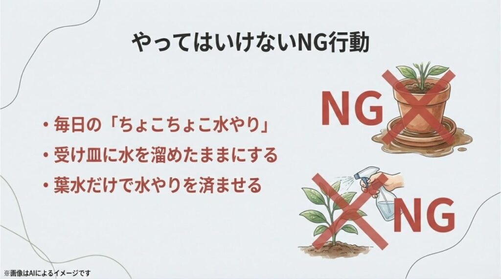 毎日のちょこちょこ水やり、受け皿の放置、葉水だけで済ませることを禁止するNGマークのイラスト