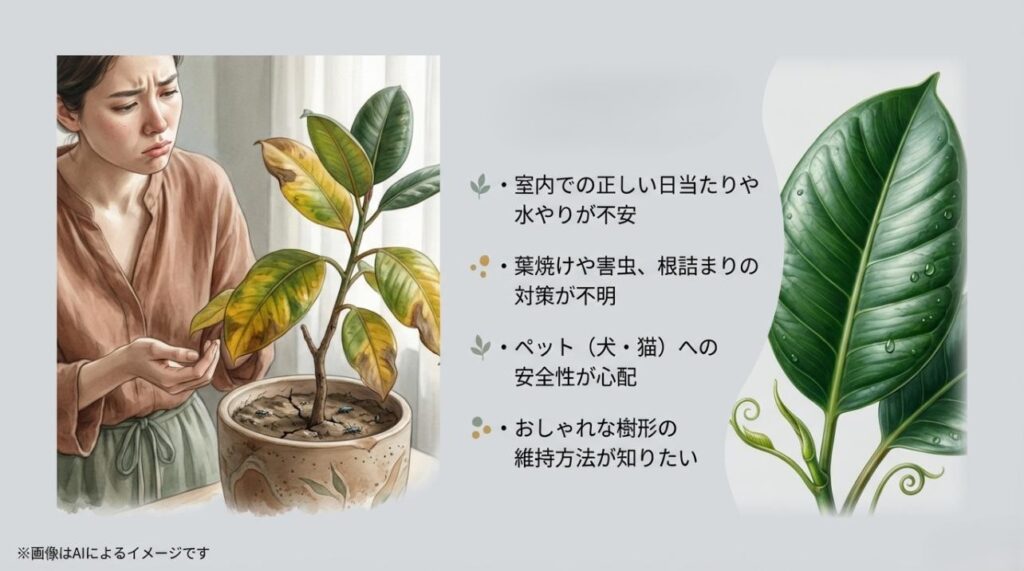 枯れかけた植物を前に悩む女性のイラストと、日当たり、水やり、害虫、ペットへの安全性、樹形維持に関する悩みリストのスライド