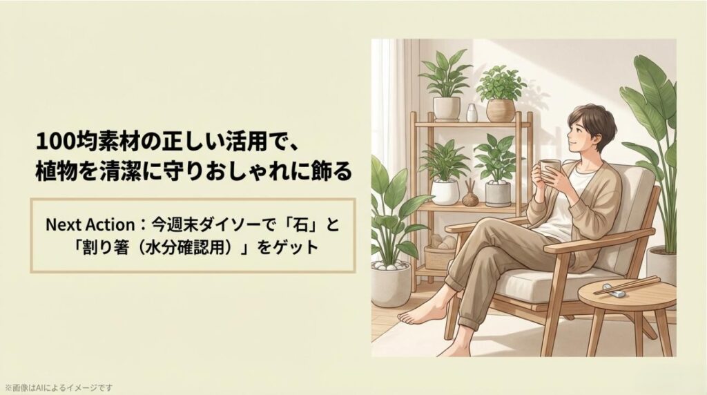 化粧石で飾られた植物に囲まれてリラックスする人物と、次のアクションとして「石」と「割り箸」の購入を促すエンディングスライド