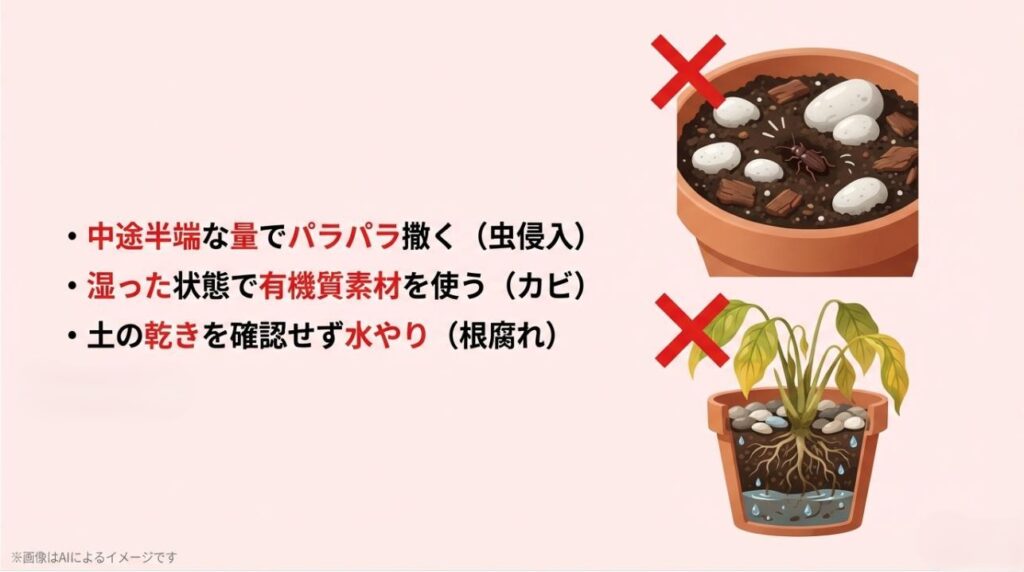 石が少なすぎて虫が侵入する例や、根腐れ・カビを招く不適切な管理方法を警告するスライド