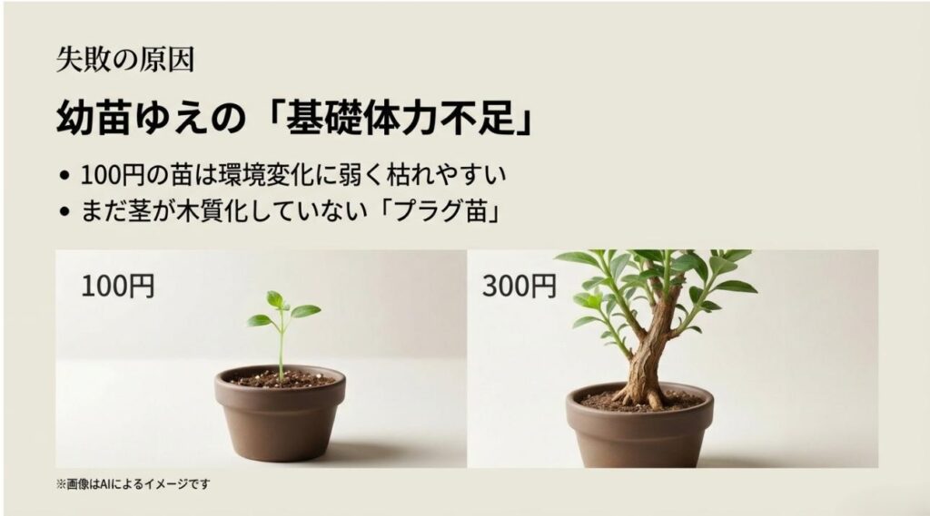 100円のプラグ苗は環境変化に弱く、成長した300円以上の株の方が丈夫であることを比較解説する図解スライド