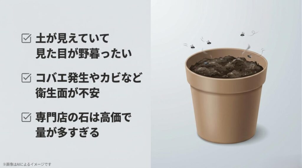 土が露出している見た目の悪さや、コバエ・カビへの不安、専門店の石が高価であるといったユーザーの悩みをまとめたスライド