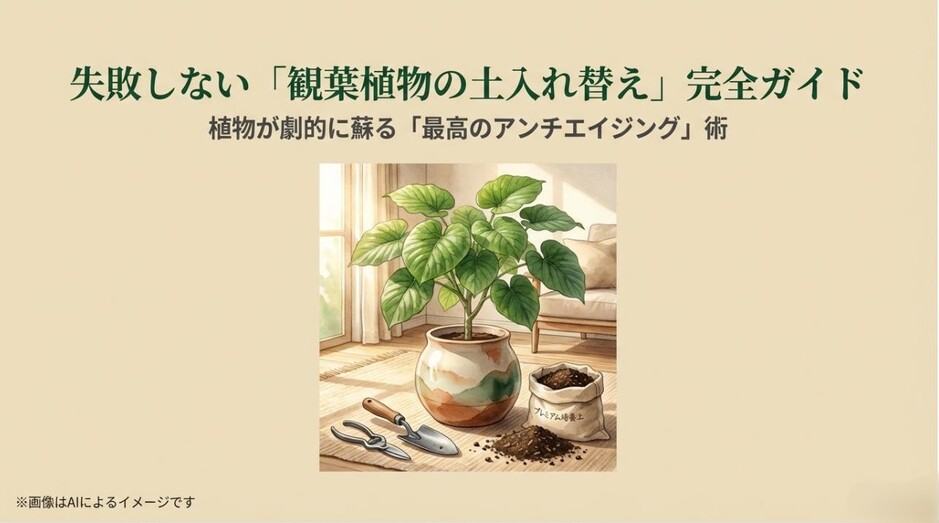鉢植えの観葉植物と新しい土、剪定バサミが描かれた、清潔感のある土の入れ替えイメージ画像