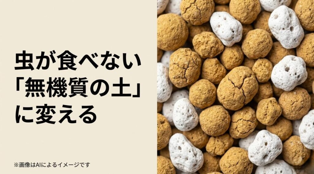 虫の餌にならない赤玉土や軽石などの無機質用土をクローズアップした清潔感のある画像