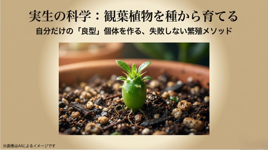 土から芽を出したばかりの小さな実生苗の写真と、自分だけの良型個体を作るメソッドを伝えるアイキャッチ画像