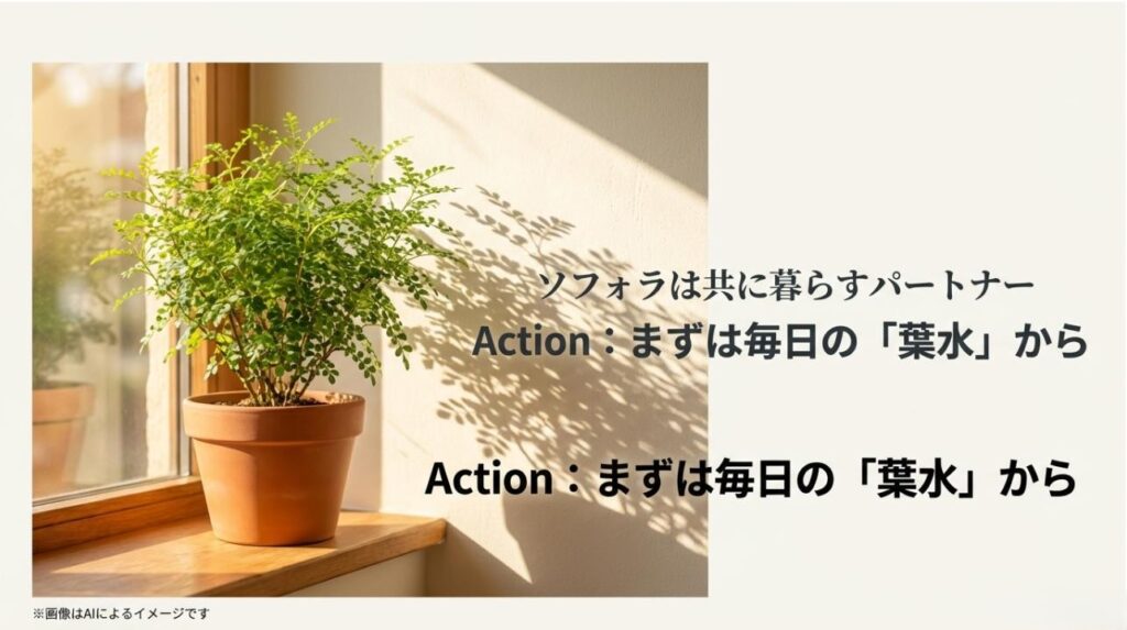 ソフォラは共に暮らすパートナーであり、まずは毎日の葉水から始めようと提案するエンディングスライド