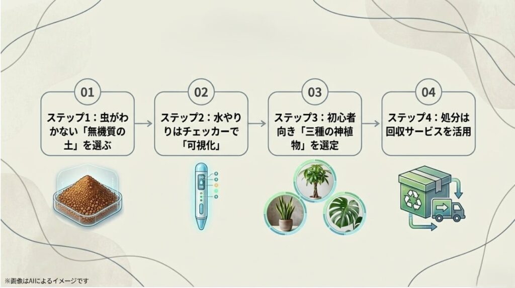 無機質の土の選択、水やりの可視化、三種の神植物、回収サービスの活用という4つの手順を説明したスライド