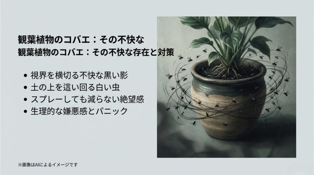 視界を横切る黒い影や土を這う虫など、観葉植物の虫による精神的ダメージをまとめたスライド