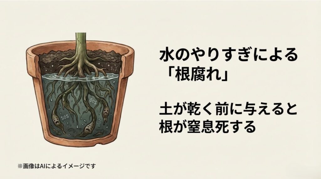 鉢の中で根が水に浸かり、酸欠でSOSを出している様子を描いた根腐れの図解
