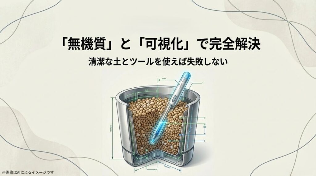 鉢の中の水分量を可視化するチェッカーと無機質の土の構造を示した断面図のスライド