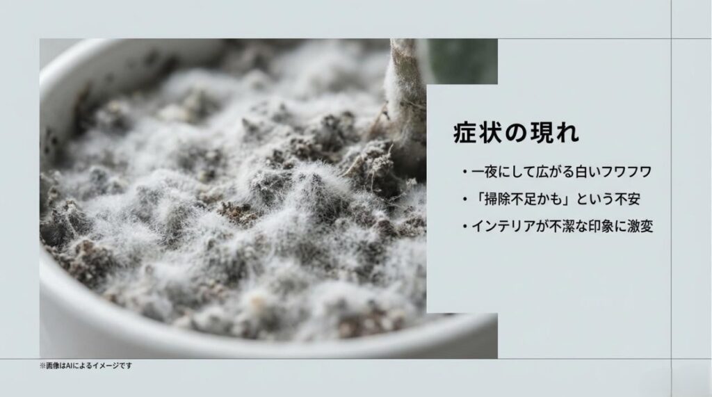 白いカビが広がった鉢植えのイラストと、インテリアの悪化や掃除不足への不安など、カビ発生時の悩みをまとめたスライド