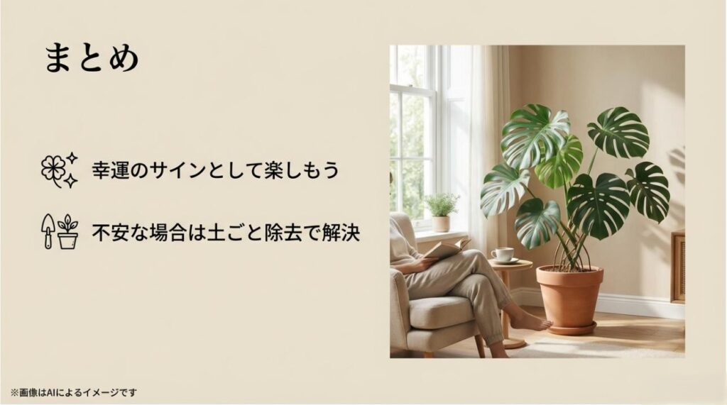 モンステラがある落ち着いた室内で過ごす人のイメージと、幸運のサインとして楽しむことを勧めるまとめスライド