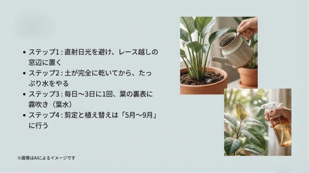 水やりと葉水の様子の写真と共に、置き場所・水やり・葉水・剪定の4つのステップを説明した手順ガイド