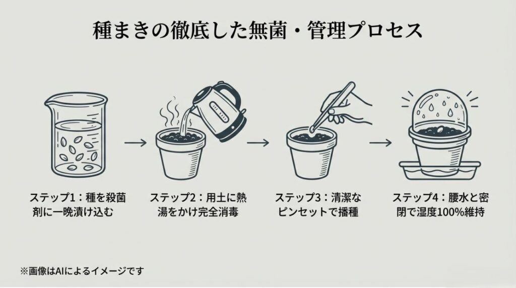 種の殺菌、用土の熱湯消毒、清潔なピンセットでの播種、腰水と密閉管理という一連のプロセスをイラストで解説したスライド