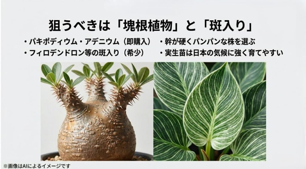 パキポディウムやアデニウムなどの塊根植物、フィロデンドロンなどの斑入り植物といった、希少性の高い株の特徴を解説したスライド