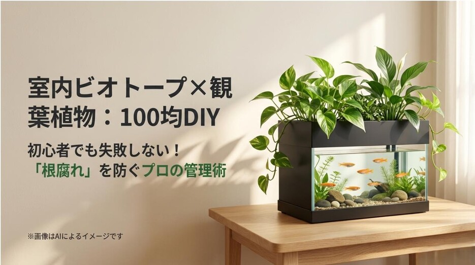 室内ビオトープと観葉植物を100均DIYで楽しむためのタイトルスライド。初心者でも失敗しない管理術を提案するイメージ