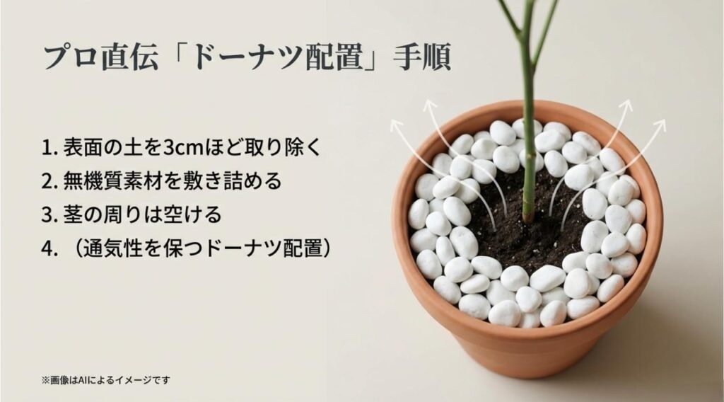 表面の土を除き、無機質素材を敷き詰め、茎の周りを空ける通気性重視の配置手順