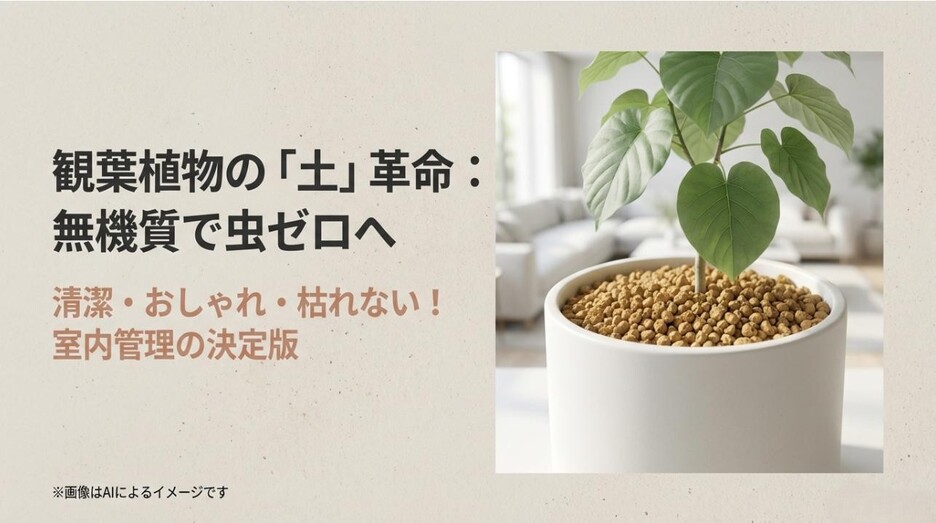 「観葉植物の土革命」というタイトルと共に、清潔でおしゃれ、枯れない室内管理の決定版を紹介するアイキャッチ画像