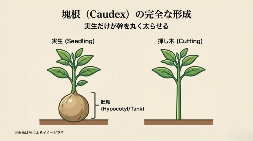 実生株と挿し木株の成長の違いを比較し、種から育てた場合のみ胚軸が膨らんで塊根（タンク）が形成される様子を示した図解