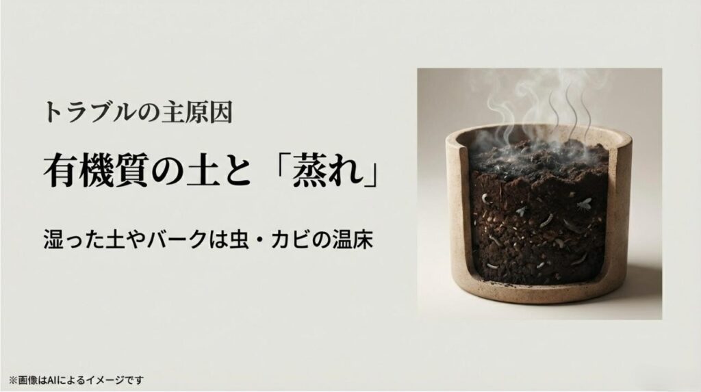 湿った土やバークが虫やカビの温床になることを示す鉢の断面図解