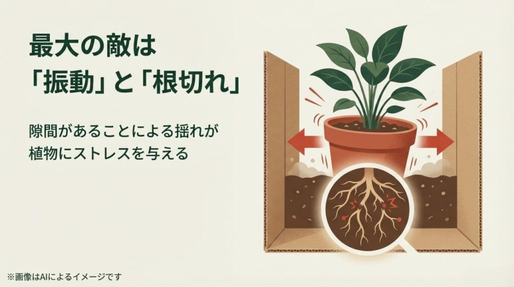 ダンボールの中で鉢が揺れ、その衝撃で植物の根が傷ついてしまう様子を描いた図解