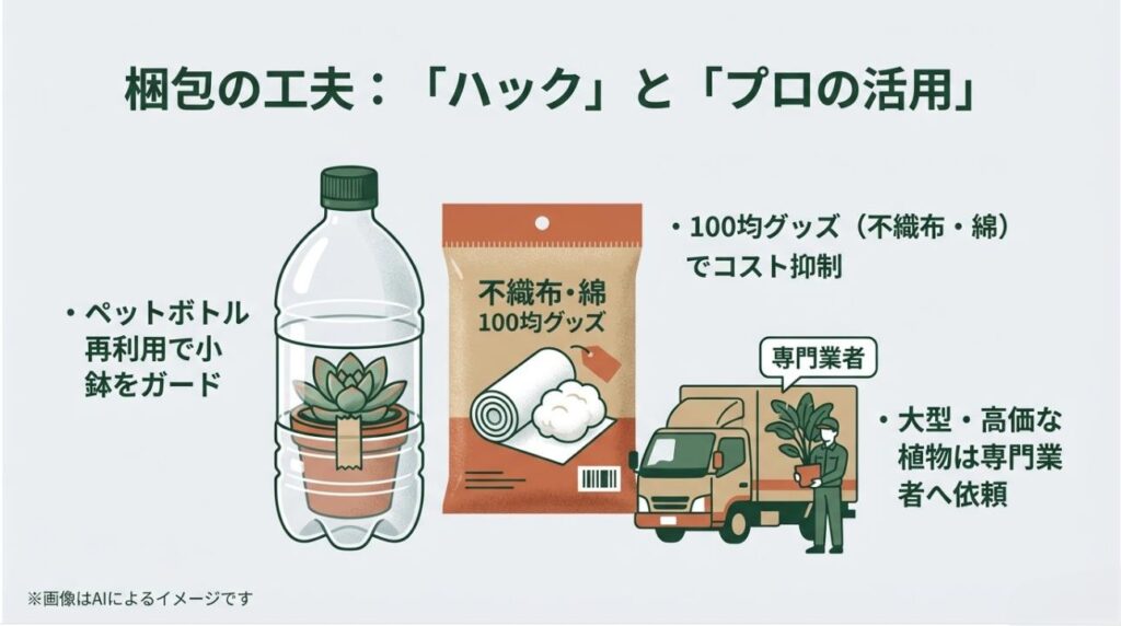 ペットボトルを再利用して多肉植物の小鉢を保護するDIY梱包のイメージ