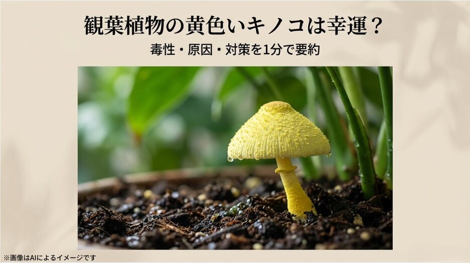 鉢植えの土から生えた鮮やかな黄色いきのこの写真と、幸運のサインと賢い付き合い方を伝えるタイトルのアイキャッチ画像