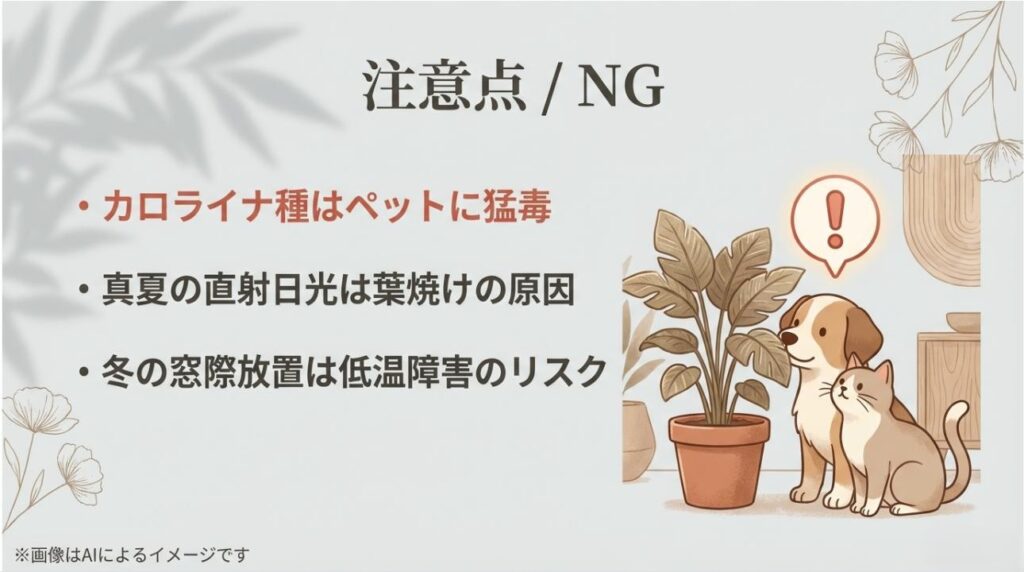 犬や猫が植物の横に並び、毒性のあるカロライナジャスミンや葉焼けのリスクに注意を促す警告スライド