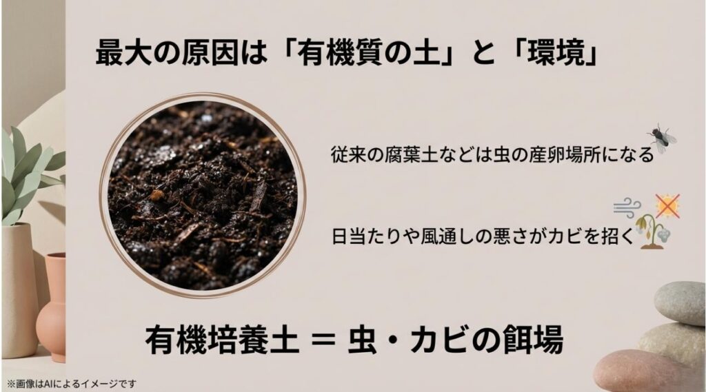 湿り気があり、キノコバエなどの虫の産卵場所になりやすい従来の有機質培養土(腐葉土など)の接写画像