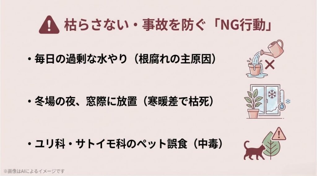 過剰な水やり、冬の窓際放置、ユリ科やサトイモ科植物のペット誤食といった避けるべき行動を説明するアイコン