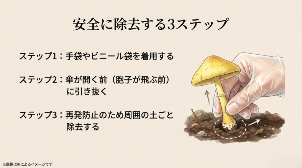 手袋を着用し、傘が開く前にきのこを引き抜き、周囲の土ごと除去するステップを描いた解説イラスト