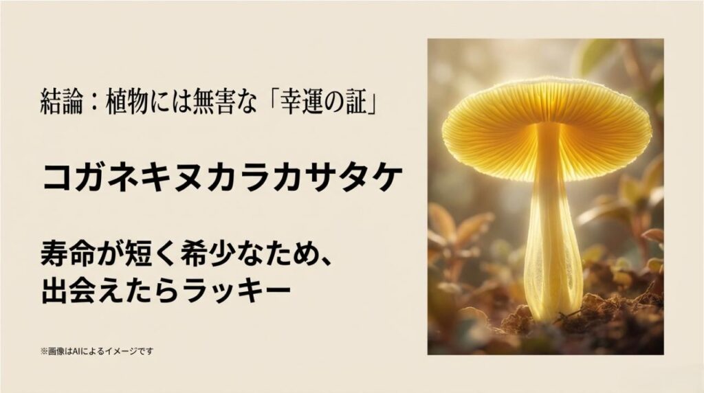 傘を大きく広げたコガネキヌカラカサタケの幻想的なアップ画像と、寿命が短く希少な幸運の証であることを伝えるスライド