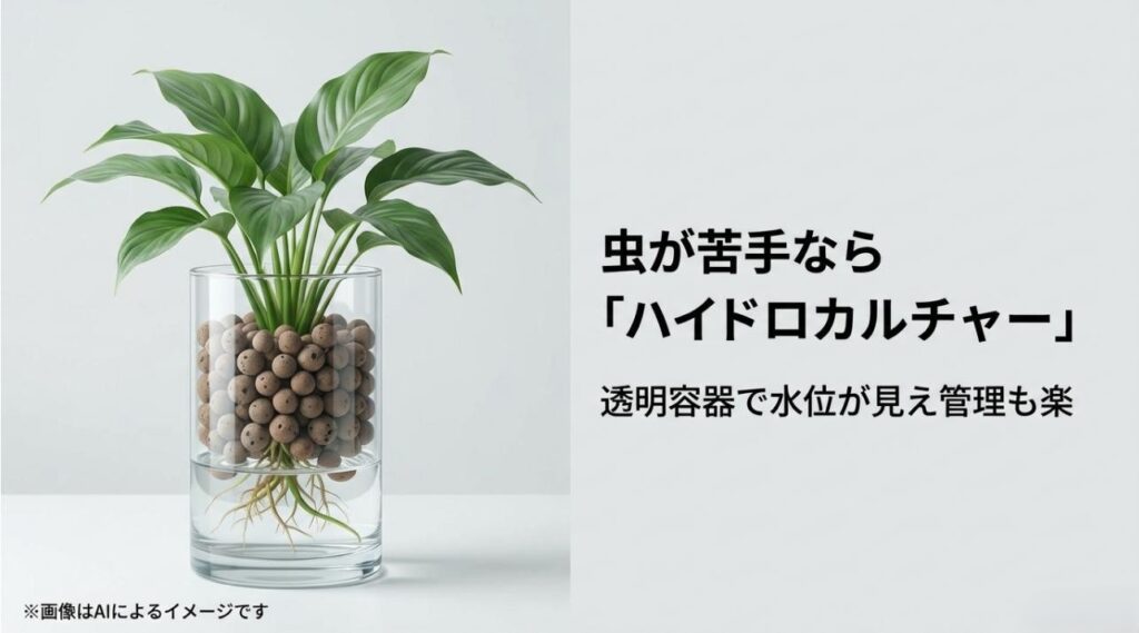 透明なガラス容器とハイドロボールを使い、水位がはっきりと見える衛生的な水耕栽培のイメージ