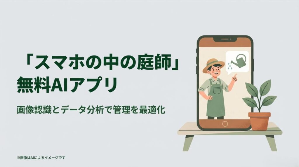 スマートフォン画面の中の庭師が、鉢植えの植物に対して水やりのアドバイスをしている温かい雰囲気のイラスト