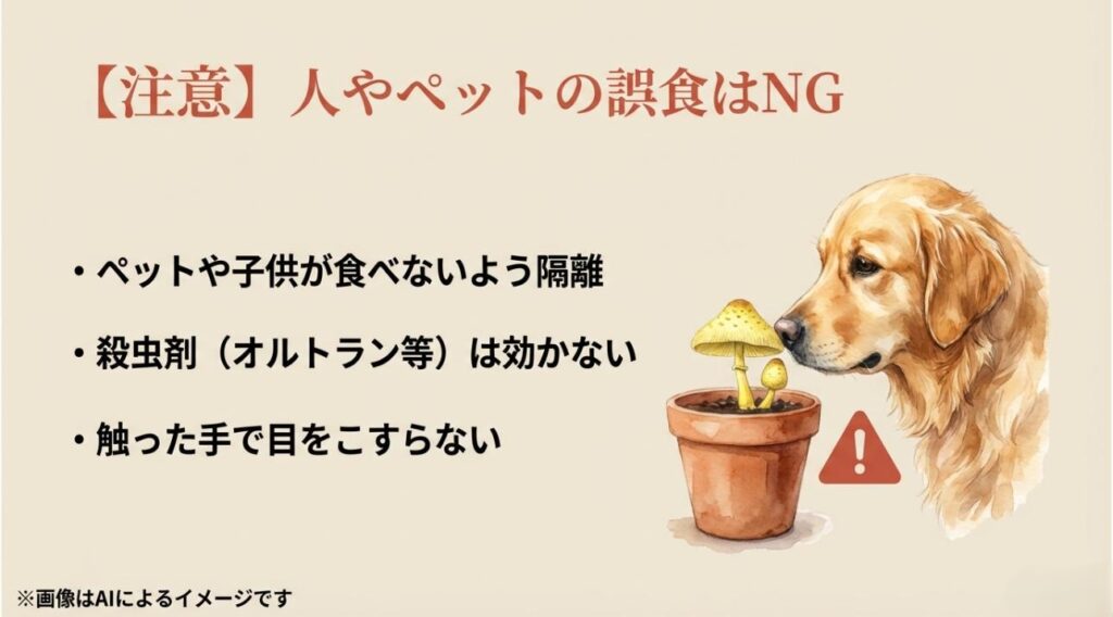 きのこに近づく犬のイラストと、誤食防止のための隔離や殺虫剤が無効であることなどを記した安全警告スライド