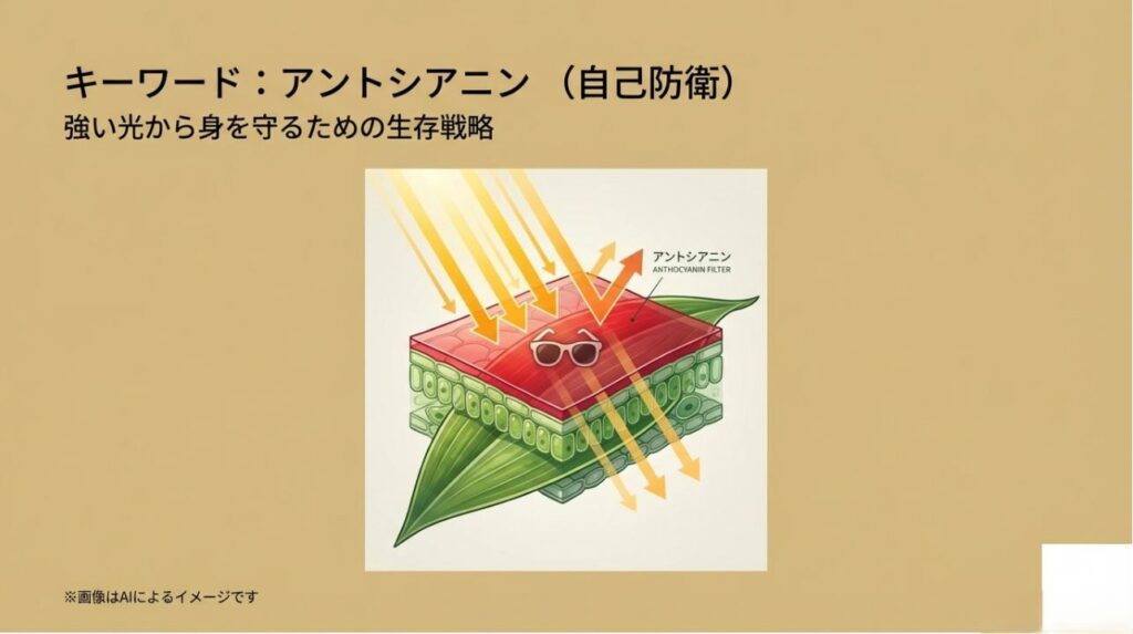 葉の断面図にサングラスのアイコンが描かれ、強い日差しをブロックしている解説イラスト