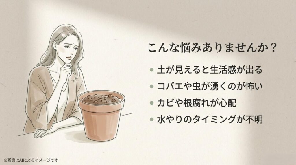コバエの発生や根腐れ、水やりのタイミングなど、観葉植物を育てる上で多くの人が直面する悩みをまとめたスライド