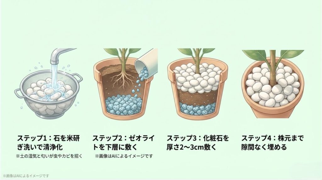 石の洗浄、ゼオライトの下層設置、化粧石の厚み調整、株元の隙間埋めという一連の設置手順を解説したイラストスライド